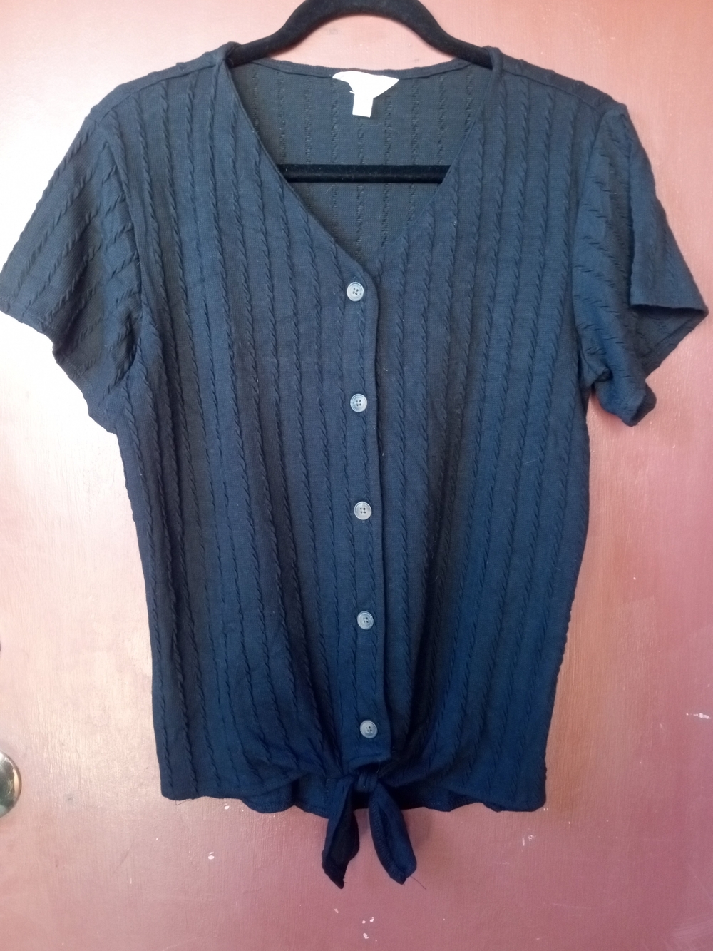 Womens Black Button-Front Tie-Hem Top